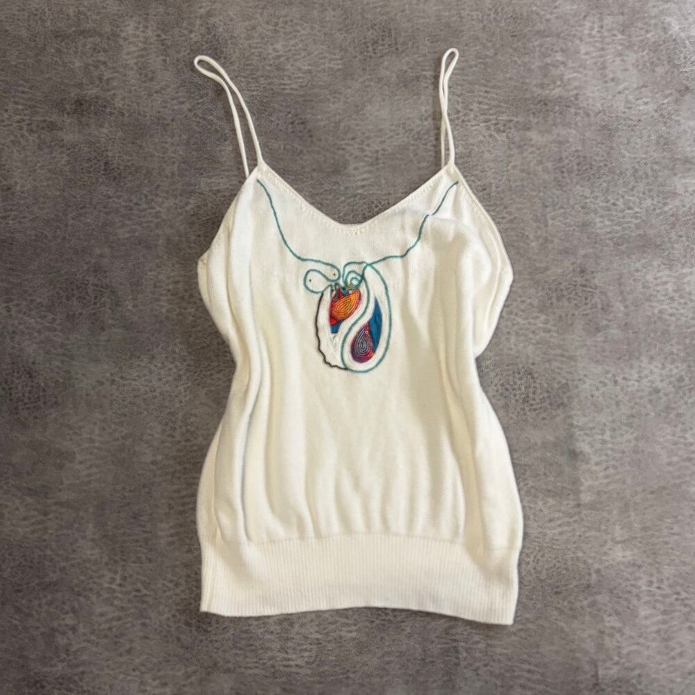 White Knit Embroidered Abstract Cami